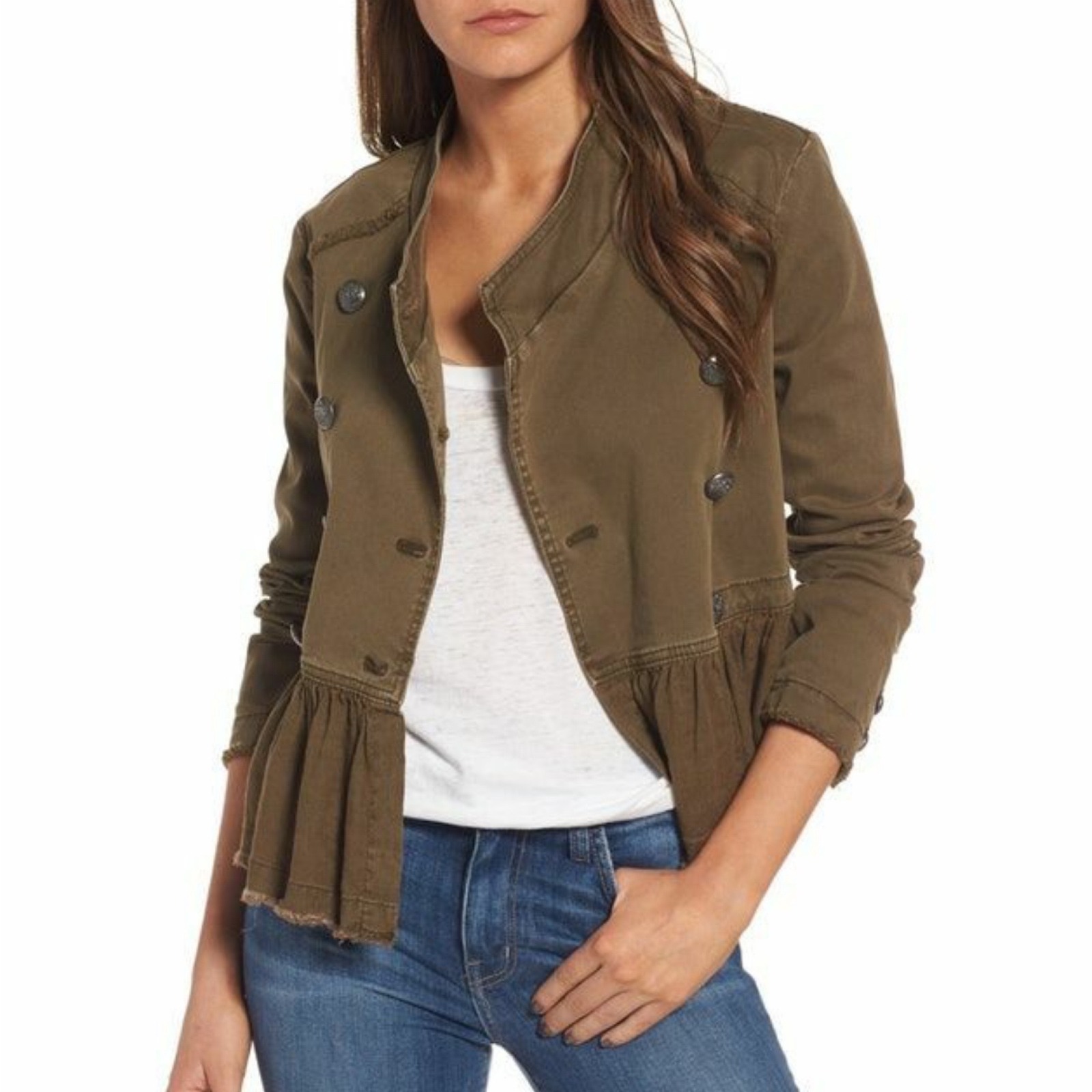 Free People Army Green Ruffle Back Button Down Utility Jacket Womens Sz Xs Boho